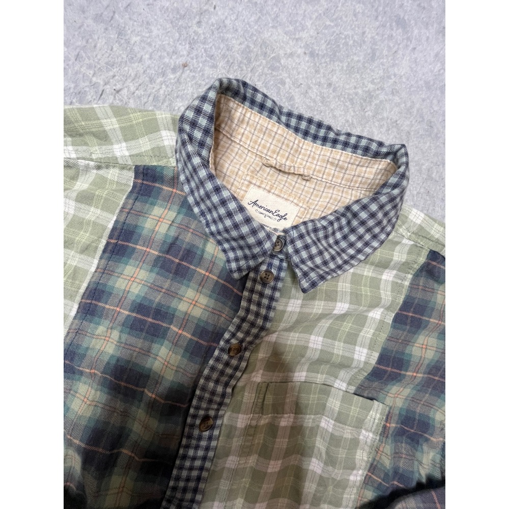 American Eagle Patchwork Plannel Shirt Womens Medium Green Multi Plaid Button Up